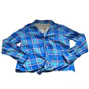 No Boundaries Blue, Pink, and White Plaid Long-sleeve With Lace Detail on Back